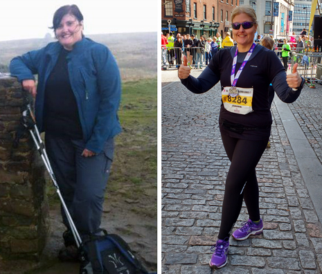 Jo's 'before and after' pics. Right, celebrating completing the Sheffield Half Marathon.