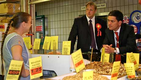 David Miliband MP and Toby Perkins chat to a Chesterfield Market Shop Owner