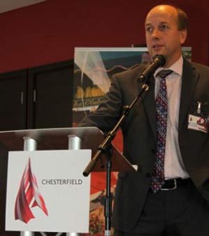 Huw Bowen talks to the assembled business leaders at the B2net stadium
