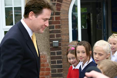 Nick Clegg speaks to children at the Spire junior School, Chesterfield