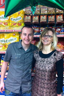 Corrie's Kirk - alias actor Andrew Whyment with the Editor at the opening of the new Poundland Store