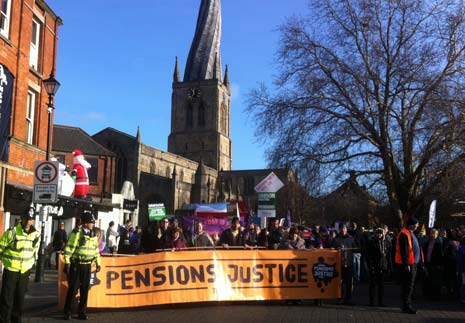 Thousands of workers marched through Chesterfield in protest at the Coalition Government’s proposed pension cuts