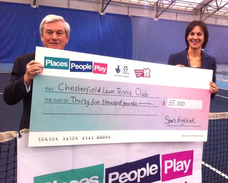 Chesterfield Lawn Tennis Club's President and Chair, John Roberts and Amy Harris respectively, with their cheque