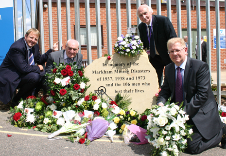 Chesterfield MP Toby Perkins, Cllr John Burrows, Cllr Walter Burrows and Alkane Energy Finance Director Stephen Goalby with the new memorial stone.