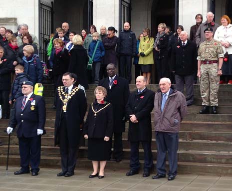 Dignitaries, including the Mayor and Mayoress of Chesterfield and Leader of the Council John Burrows - along with the Chief Executive Huw Bowen - stood on the Town Hall steps with Councillors to watch as the town paid tribute to its servicemen. 