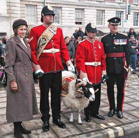 The Duchess of Devonshire also took the opportunity to present the regiment with a new mascot , a ram from the Chatsworth estate, known as Private Derby prior to the march