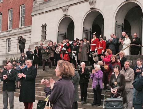 Dignitaries, including Her Grace The Duchess of Devonshire, The Lord Lieutenant, Mr William Tucker and The Mayor of Chesterfield then gathered on the steps of the Town Hall to take the salute.