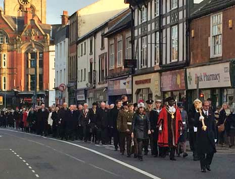 On Sunday afternoon, a cold but bright Autumn day, The Mayor and Mayoress of Chesterfield, along with other Councillors, dignitaries including The Lord Lieutenant of Derbyshire and The High Sherriff of Derbyshire led a parade through town