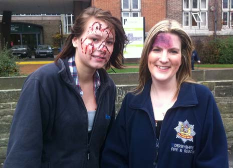 students , including Sharon (right) took part in the staged incident and had realistic injuries