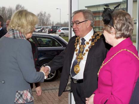HRH The Duchess Of Cornwall is welcomed by The Mayor and Mayoress of Chesterfield