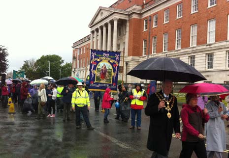 The Mayor of Chesterfield, Cllr Peter Barr leads the 'Whit Walk' Procession through Chesterfield Town