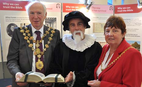 The Mayor and Mayoress of Chesterfield with Peter McEvoy, Secretary of the Chesterfield Christadelphians at the Bible exhibition