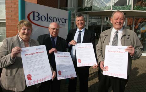 Pictured with the Strategic Alliance agreement are (from the left) Deputy Leader of NEDDC Councillor Betty Hill, Leader of NEDDC Councillor Graham Baxter MBE, Leader of BDC Councillor Eion Watts and Deputy Leader of BDC Councillor Alan Tomlinson