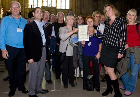 Natascha Engel MP welcomes Park Homes campaigners on the 'democratic steps' at Westminster Hall