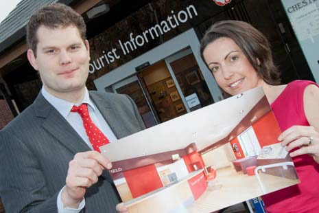 Cllr Nick Stringer, Executive Member for Leisure, Culture and Tourism at Chesterfield Borough Council and Natalie Brammer from Crush Design with the new look layout for the TIC in Chesterfield