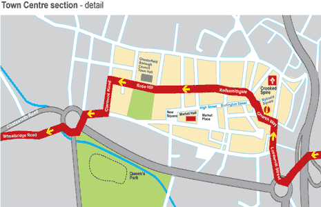 The route through the town centre in more detail