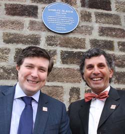 Leader of Derbyshire County Council and Cabinet Member for Culture, Councillor Andrew Lewer, with Bob Billington of the Blackstone Valley Tourism Council at the unveiling of the Samuel Slater blue plaque
