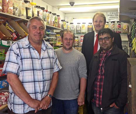 Chesterfield's shop owners thank MP Toby Perkins after Bzee is closed down. (l-r) John May (Sweet Stop), Nigel (Shop 4 Bargains), MP Toby Perkins and Sarmad Mahood (Spire News)