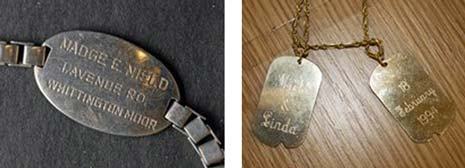 Dog tags and bracelets with names and dates