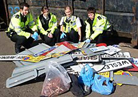 Officer in the case PC Russell Davey, whose team discovered the signs, said: We became suspicious when we discovered the signs because many of them appeared to be new and in too good a condition to have been scrap. We decided to seize them and investigate their origin.