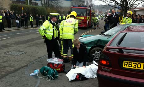 Scene outside the Chesterfield College of a road accident