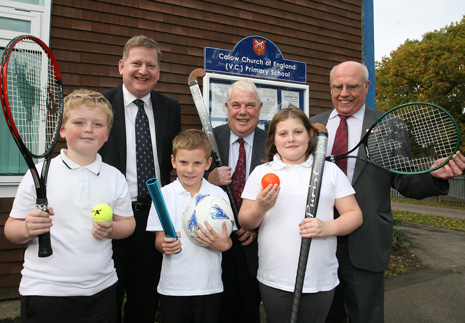 (L-R) Martin Thacker, Calow Primary Headteacher, Cllr Pat Kerry, NEDDC’s ward member for Sutton and Cllr Graham Baxter MBE, Council Leader, wth Calow CE Primary School pupils Jake Elliott (10), Thomas Twigg (8) and Lorna Kerry (11)