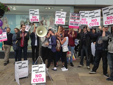 Students demonstrate in town in sympathy with striking staff at Chesterfield College who picketed this morning over Job Cuts
