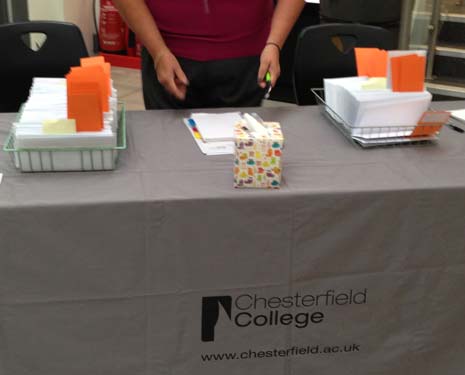 The table of results at Chesterfield College awaits students this morning - with a box of tissues at the ready...