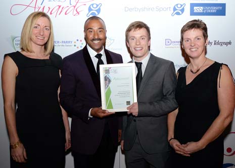 Will Hughes, College Sport Maker at Chesterfield College, was presented with the Derbyshire Active Workplace Mark certificate by Derbyshire Sport Directors Hayley Lever and Ilana Freestone and Olympic silver medallist Colin Jackson CBE at the Derbyshire Sports Awards