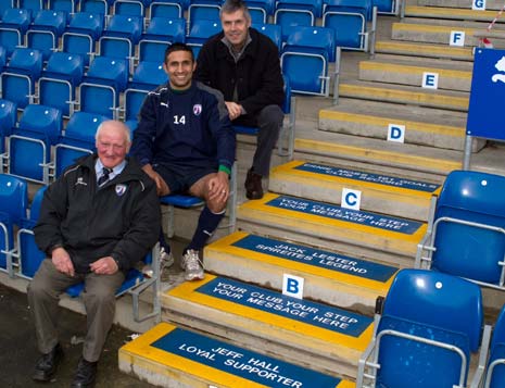 Chesterfield FC's record goalscorer, Ernie Moss, current star Jack Lester and loyal supporter Jeff Hall have been given the first three branded 'Stadium Steps' in the HTM Stand at the PROACT Stadium.