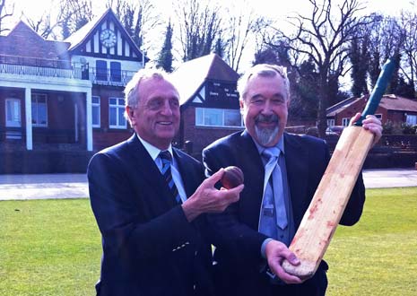 DCCC Chairman Don Amott and Cllr David STone celebrate a new 5 year deal to keep County Cricket at Queen's Park in Chesterfield