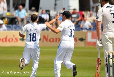 Alex Hughes (3-49) produced an inspired spell of bowling in the afternoon session, securing two wickets within three balls at one stage, to restrict the Sussex batsman on Day One.