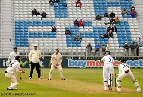 Richard Johnson fires past Gatting at short leg on his way to 12 not out on Day 3