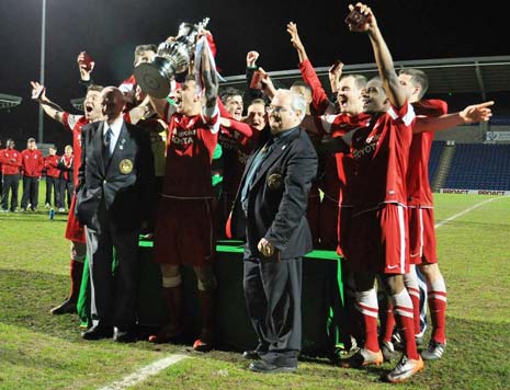 Ilkeston celebrate their win lifting the Derbyshire Senior Cup