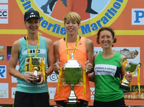 The 1st, 2nd and 3rd placed Ladies wiiners of the Chesterfield Marathon, Nicola Wright 3:26:00 (left) 3rd, Emily Hargreaves 3:15:57 (right) 2nd and winner Helen Mort