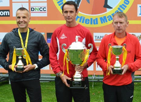 The 1st, 2nd and 3rd placed winners of the Chesterfield Full Marathon, Robert Burn 2:51:11 (left) 3rd, Tim Clayton - 2:46:14 (right) 2nd and winner Gareth Lowe