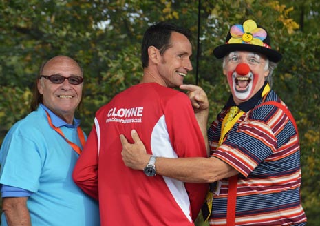 Mick Miller with Gareth Lowe - the Marathon Winner form Clowne meets Clown Miki Travis