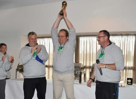 Jan Buchsteiner lifts the commemorative Trophy on behalf of GWL at the Proact after game presentations